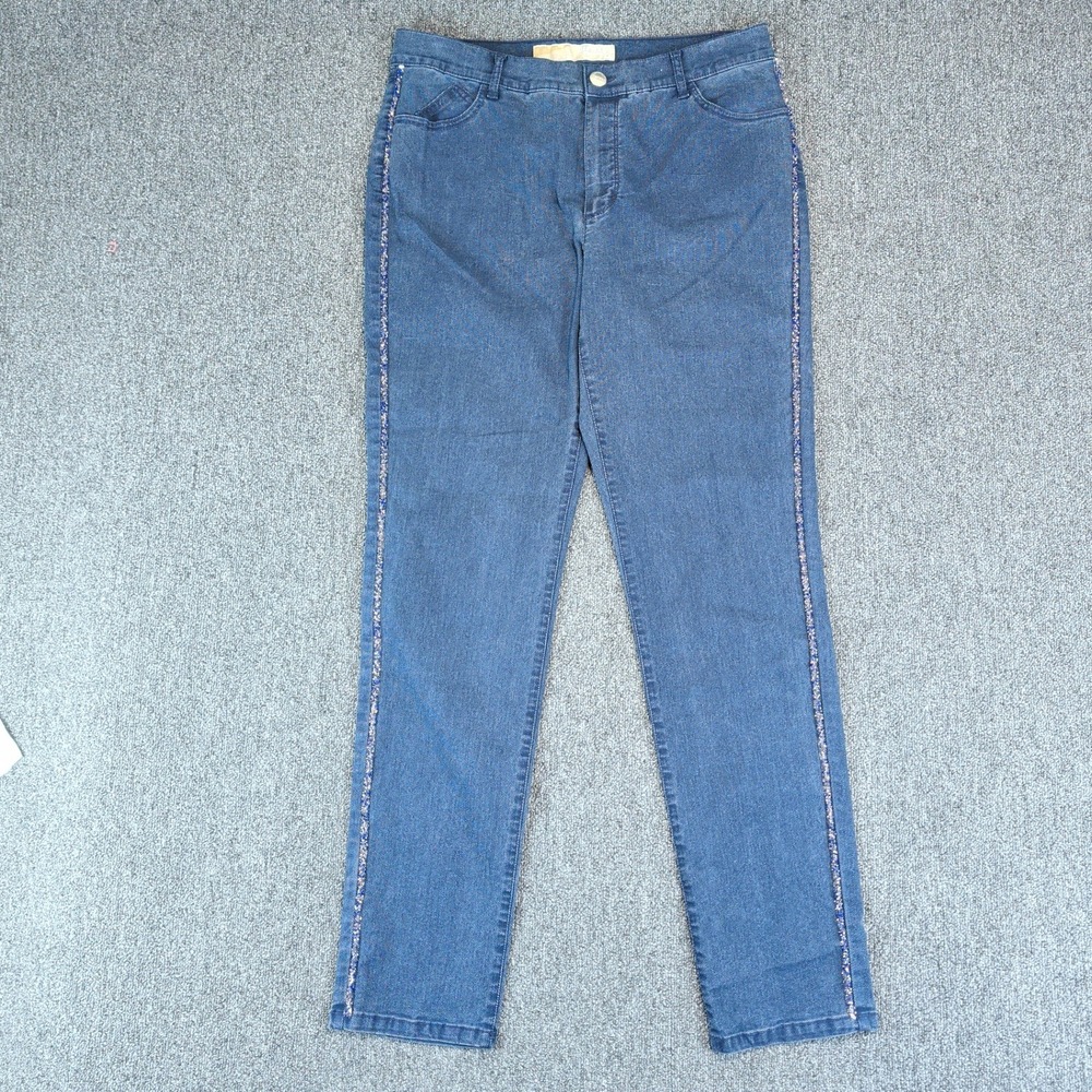 Dismero Italian Glam High Rise Slim Leg Pants Women 34 Blue Glitter Side Stripe